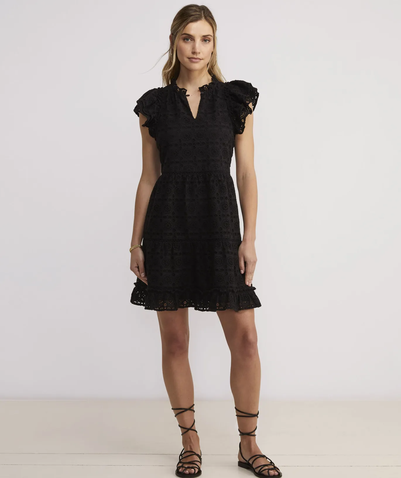 Vineyard Vines Eyelet Tiered Ruffle Dress Jet Black Hot