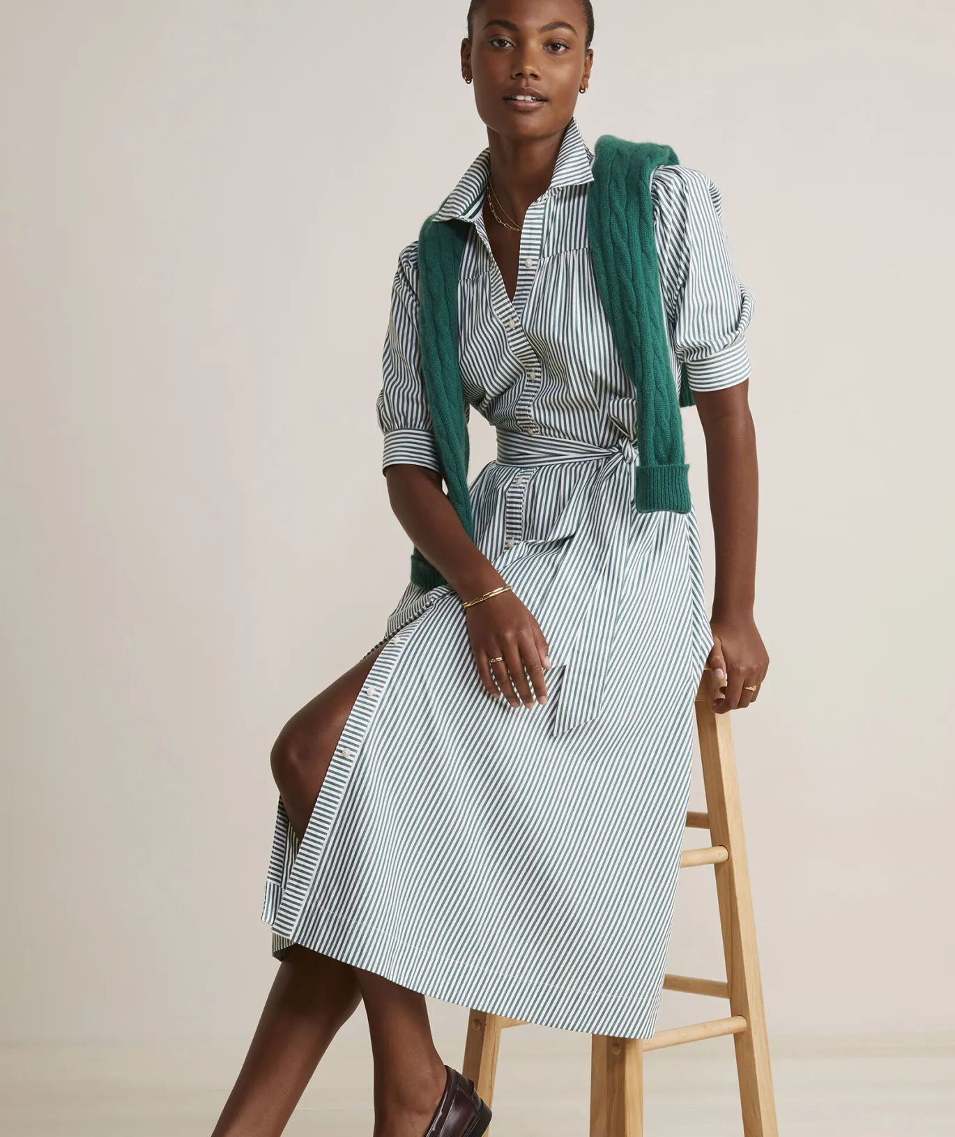 Vineyard Vines Puff Sleeve Midi Shirtdress Turf Green/White Best Sale