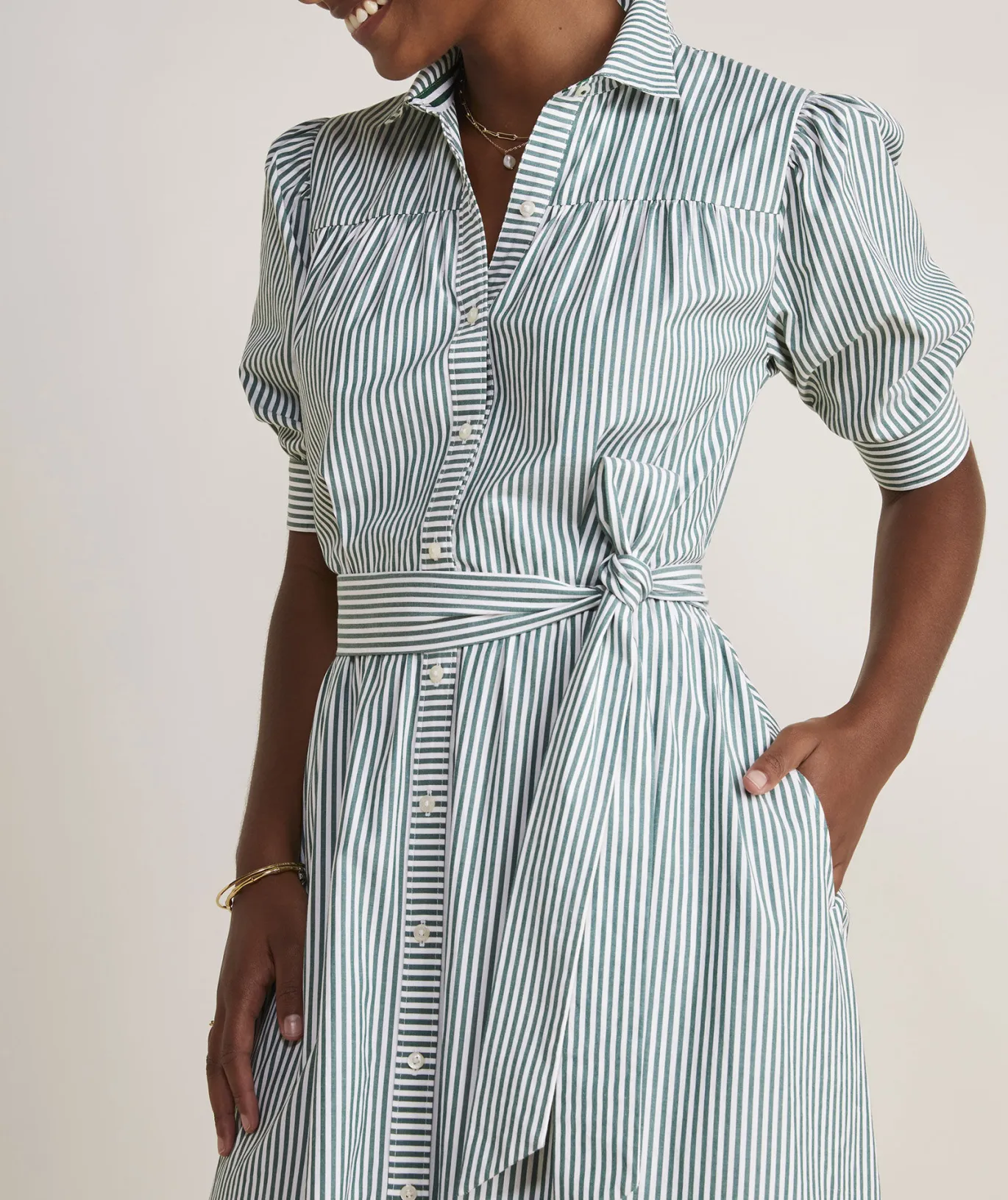 Vineyard Vines Puff Sleeve Midi Shirtdress Turf Green/White Best Sale