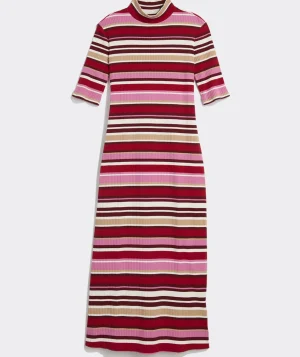 Vineyard Vines Rib Knit Midi Dress Ribbon Stripe - Red Clearance