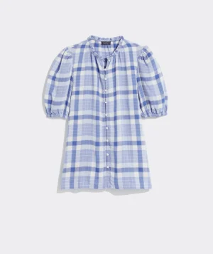 Vineyard Vines Ruffle Neck Puff-Sleeve Top DW Plaid- Calm Water Store