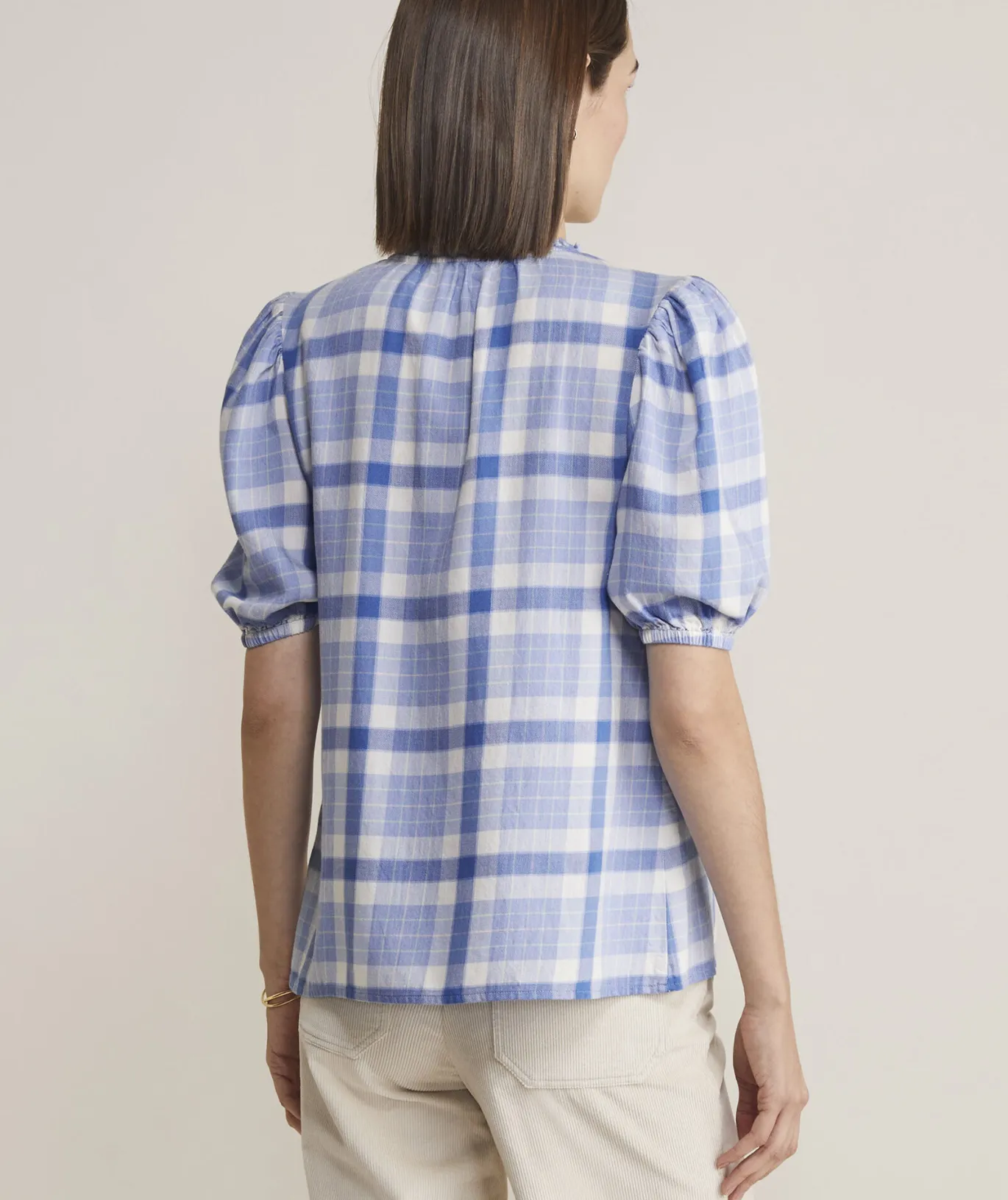 Vineyard Vines Ruffle Neck Puff-Sleeve Top DW Plaid- Calm Water Store