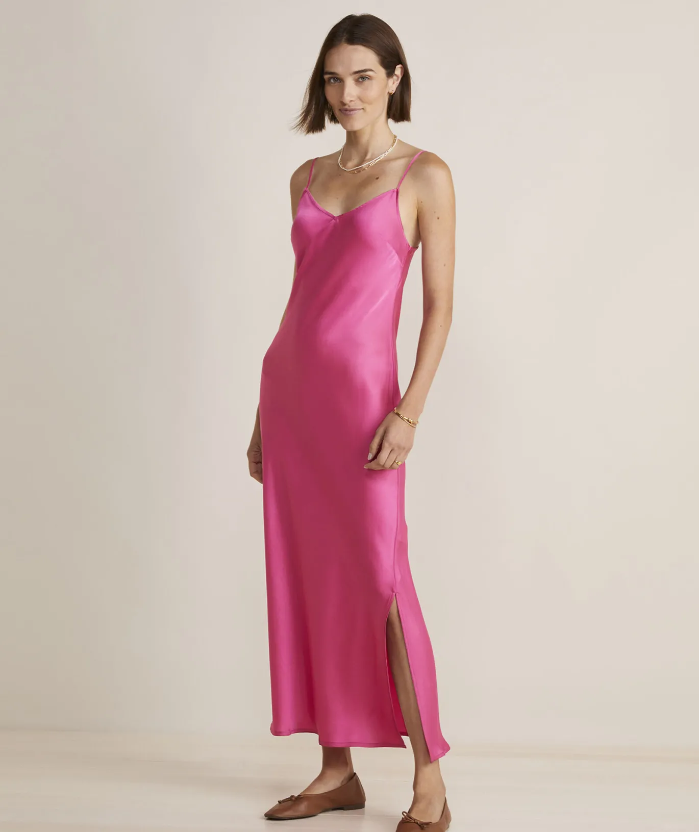 Vineyard Vines Satin Midi Slip Dress Rhododendron Clearance