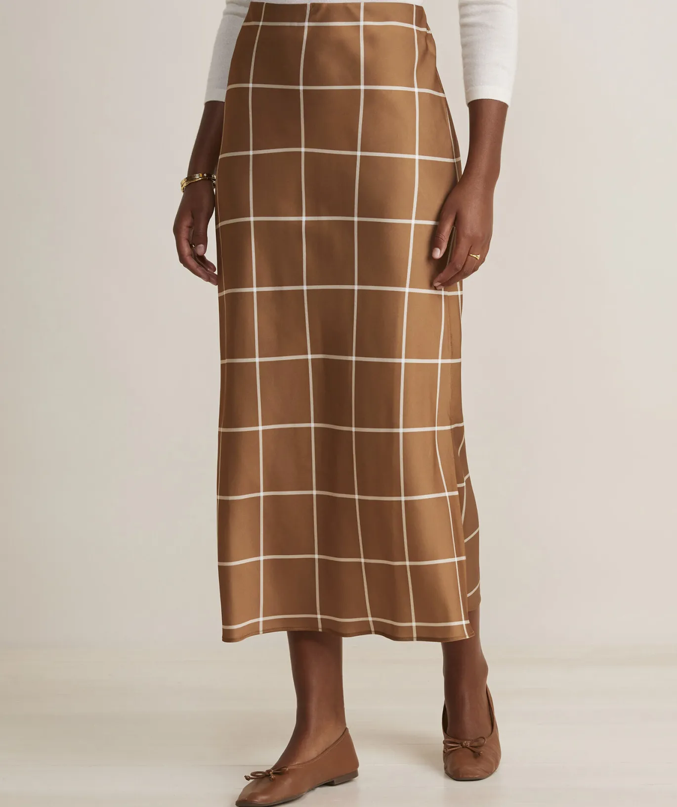 Vineyard Vines Satin Midi Slip Skirt Plaid - Gingerbread Discount