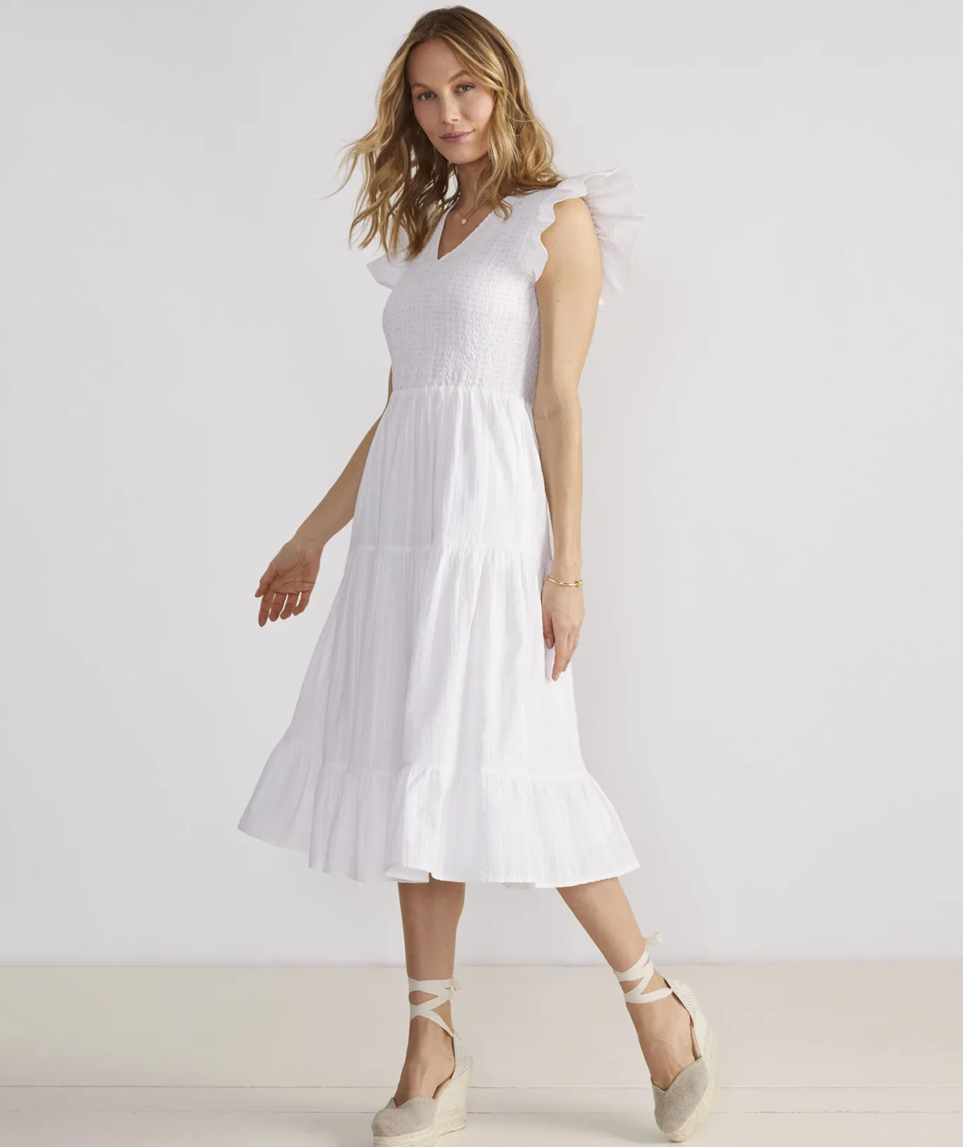 Vineyard Vines Smocked V-Neck Midi Dress White Cap Fashion