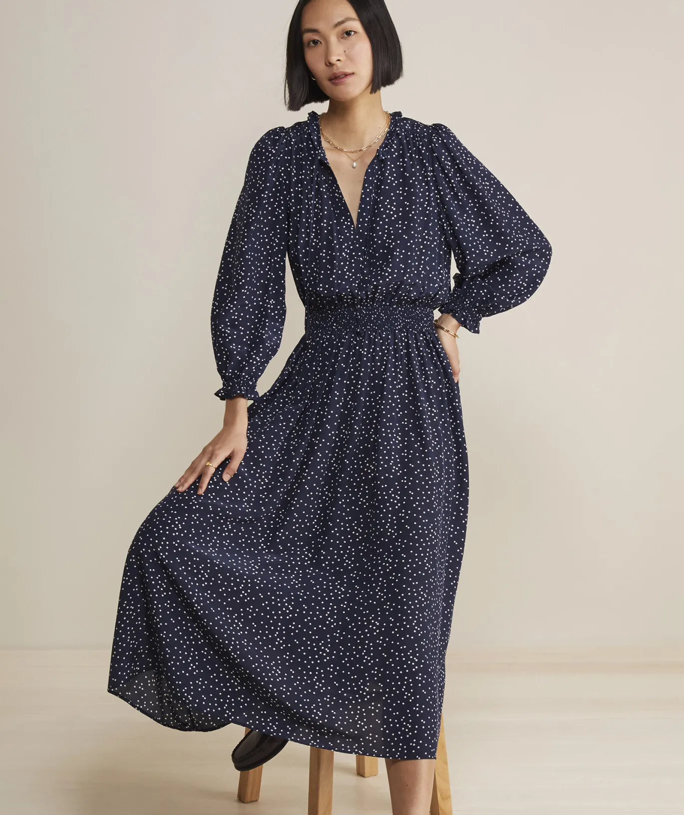 Vineyard Vines Smocked Waist Maxi Dress Scattered Dot - Navy Shop