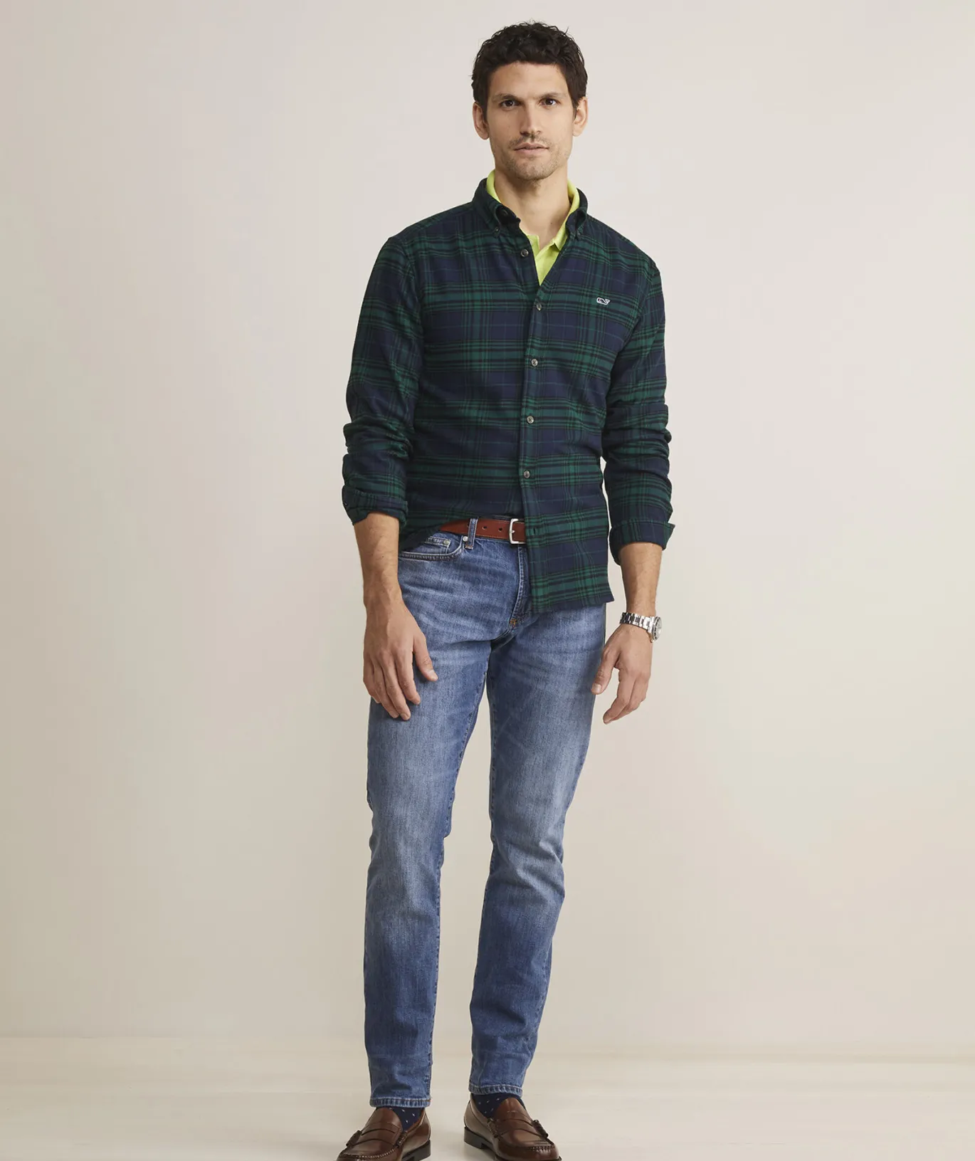 Vineyard Vines Stretch Flannel Blackwatch Shirt Plaid- Green Cheap