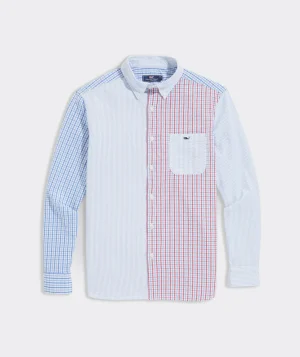 Vineyard Vines Stretch Seersucker Mixed Shirt Sailors Red Flash Sale