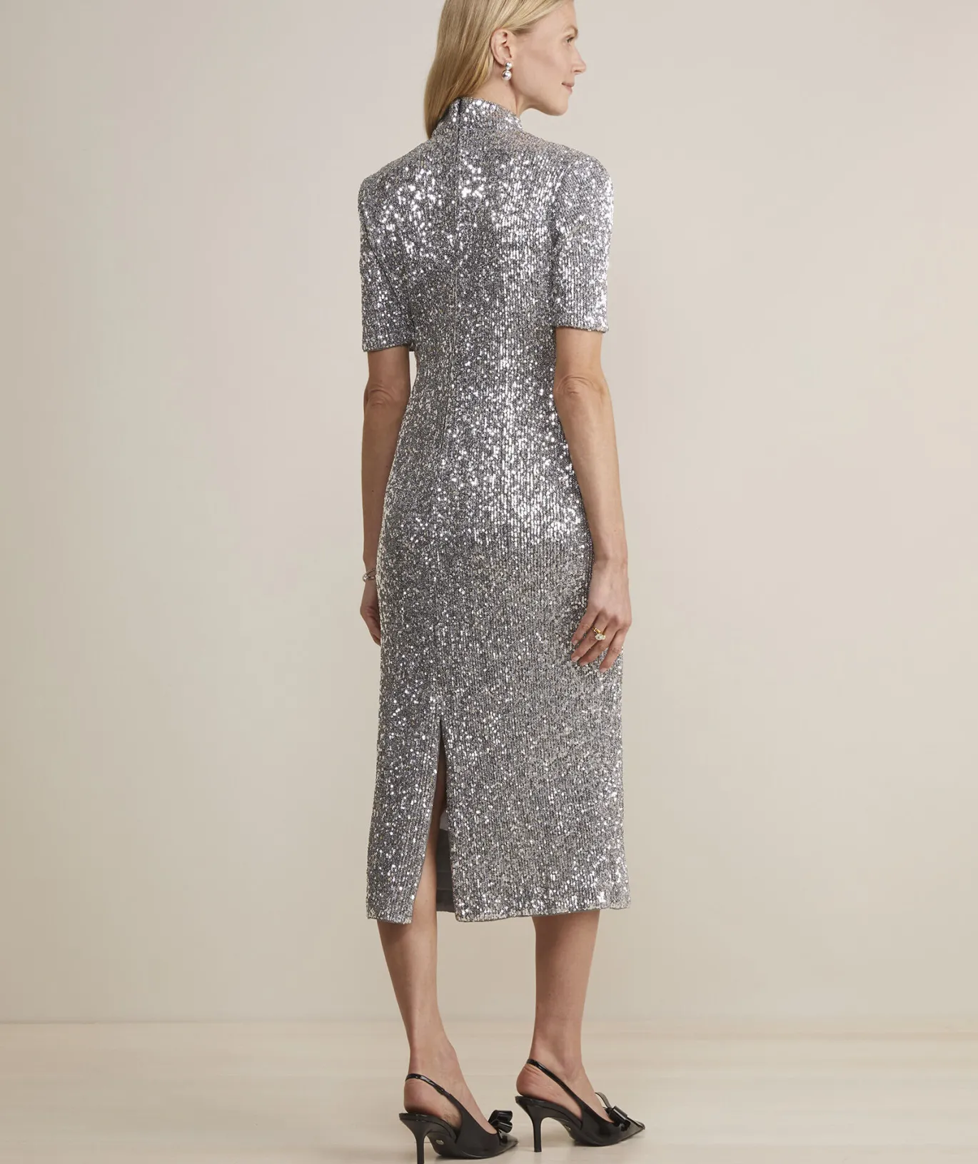 Vineyard Vines Stretch Sequin Midi Dress Silver New