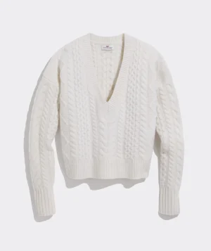 Vineyard Vines Varsity Cable V-Neck Sweater Powder Shop
